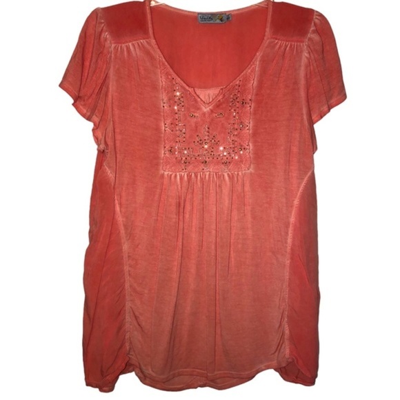 Unity World Wear Tops - Unity Orang/Peach Burnout Embellished Bling Ruched Short Sleeve Size Small